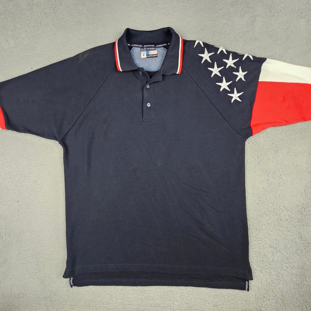 Rock Point Polo Shirt Mens 2XL‎ Navy Blue American Flag Stars Short Sleeve USA